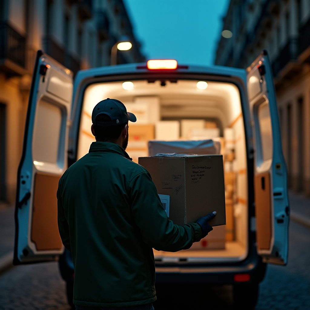 Repartidor cargando pedidos en una camioneta refrigerada en una calle de Buenos Aires