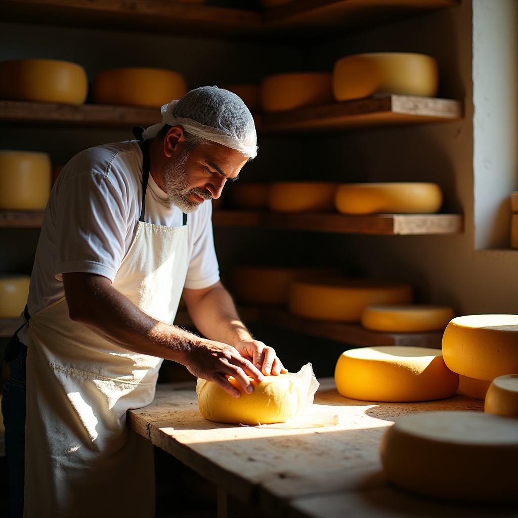 Productor envolviendo una rueda de queso artesanal en un taller pequeño